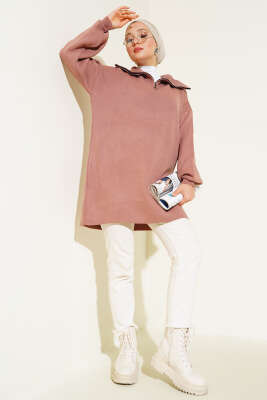 Yarım Fermuarlı Salaş Tunik Gül Kurusu - Triko Tunik