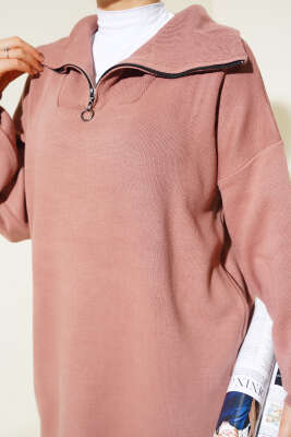 Yarım Fermuarlı Salaş Tunik Gül Kurusu - Triko Tunik