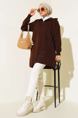 Yarım Fermuarlı Salaş Tunik Kahve - Triko Tunik