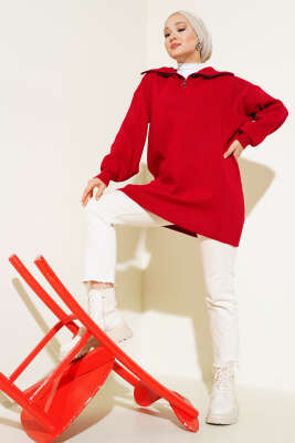 Yarım Fermuarlı Salaş Tunik Kırmızı - Triko Tunik