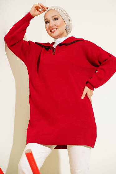 Yarım Fermuarlı Salaş Tunik Kırmızı - Triko Tunik