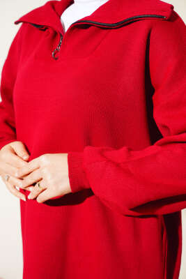 Yarım Fermuarlı Salaş Tunik Kırmızı - Triko Tunik