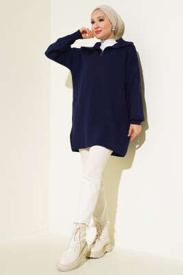 Yarım Fermuarlı Salaş Tunik Lacivert - Triko Tunik
