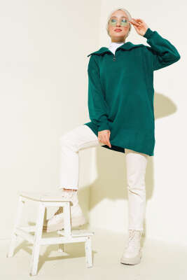 Yarım Fermuarlı Salaş Tunik Nefti - Triko Tunik