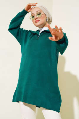 Yarım Fermuarlı Salaş Tunik Nefti - Triko Tunik