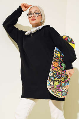 Yarım Fermuarlı Salaş Tunik Siyah