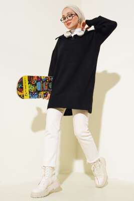 Yarım Fermuarlı Salaş Tunik Siyah - Triko Tunik