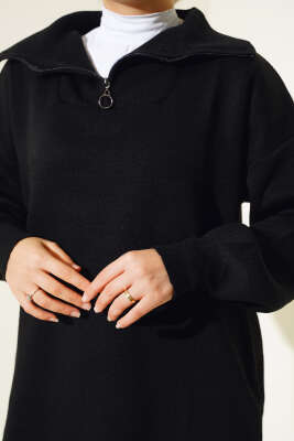 Yarım Fermuarlı Salaş Tunik Siyah - Triko Tunik