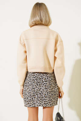 Yarım Fermuarlı Şardonlu Kısa Sweatshirt Bej - Kadın Giyim Modelleri