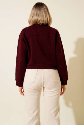 Yarım Fermuarlı Şardonlu Kısa Sweatshirt Bordo - Kadın Giyim Modelleri
