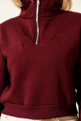 Yarım Fermuarlı Şardonlu Kısa Sweatshirt Bordo - Kadın Giyim Modelleri