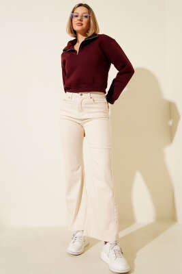 Yarım Fermuarlı Şardonlu Kısa Sweatshirt Bordo - Yılın Fırsatı