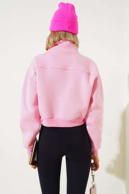 Yarım Fermuarlı Şardonlu Kısa Sweatshirt Pembe - Kadın Giyim Modelleri
