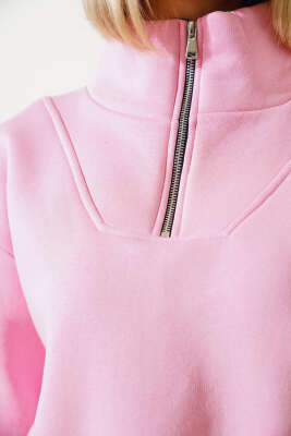 Yarım Fermuarlı Şardonlu Kısa Sweatshirt Pembe - Yeni Giyim