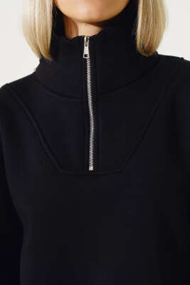 Yarım Fermuarlı Şardonlu Kısa Sweatshirt Siyah - Kadın Giyim Modelleri