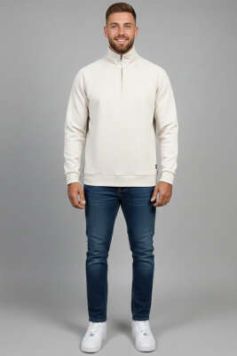 Yarım Fermuarlı Scuba Erkek Sweatshirt Bej - Erkek Sweatshirt