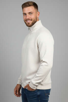 Yarım Fermuarlı Scuba Erkek Sweatshirt Bej 