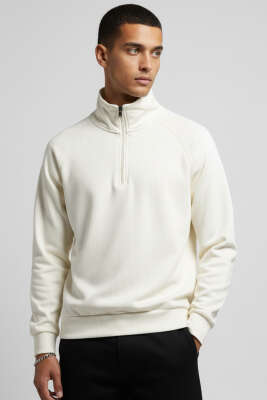 Yarım Fermuarlı Scuba Erkek Sweatshirt Ekru - WİPEOUT