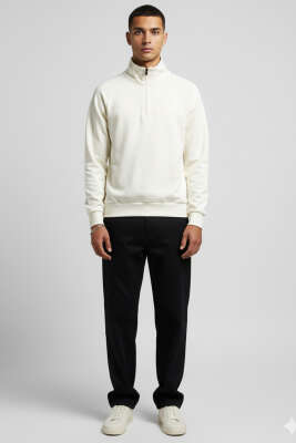 Yarım Fermuarlı Scuba Erkek Sweatshirt Ekru - Erkek Sweatshirt
