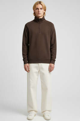 Yarım Fermuarlı Scuba Erkek Sweatshirt Kahve - Erkek Sweatshirt