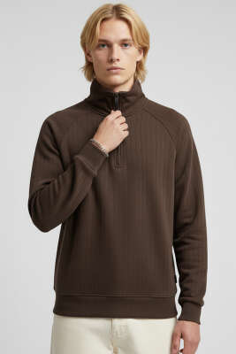 Yarım Fermuarlı Scuba Erkek Sweatshirt Kahve 