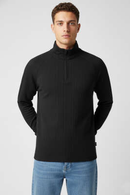 Yarım Fermuarlı Scuba Erkek Sweatshirt Siyah - WİPEOUT