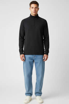 Yarım Fermuarlı Scuba Erkek Sweatshirt Siyah - Erkek Sweatshirt