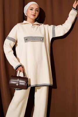 Yarım Fermuarlı Şerit Detaylı Triko İkili Takım Bej - İkili Takım