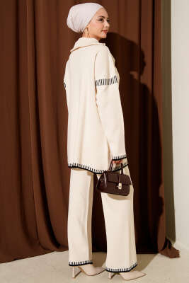 Yarım Fermuarlı Şerit Detaylı Triko İkili Takım Bej - İkili Takım