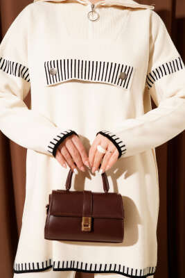 Yarım Fermuarlı Şerit Detaylı Triko İkili Takım Bej - İkili Takım