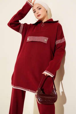 Yarım Fermuarlı Şerit Detaylı Triko İkili Takım Bordo - İkili Takım