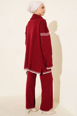 Yarım Fermuarlı Şerit Detaylı Triko İkili Takım Bordo - İkili Takım