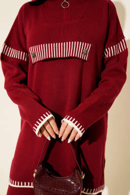 Yarım Fermuarlı Şerit Detaylı Triko İkili Takım Bordo - İkili Takım