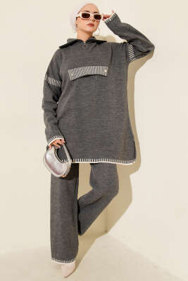 Yarım Fermuarlı Şerit Detaylı Triko İkili Takım Füme - SUDE NAZ