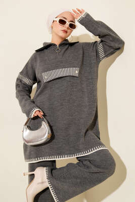 Yarım Fermuarlı Şerit Detaylı Triko İkili Takım Füme - İkili Takım