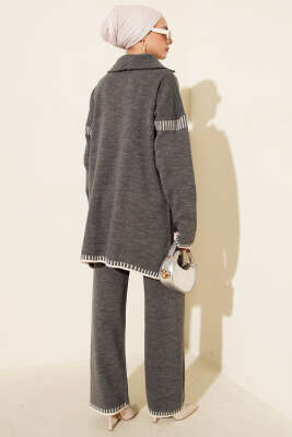 Yarım Fermuarlı Şerit Detaylı Triko İkili Takım Füme - İkili Takım