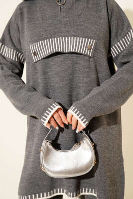 Yarım Fermuarlı Şerit Detaylı Triko İkili Takım Füme - İkili Takım