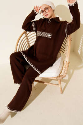 Yarım Fermuarlı Şerit Detaylı Triko İkili Takım Kahve - İkili Takım