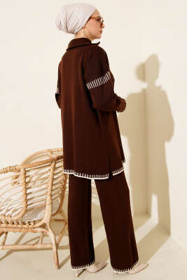 Yarım Fermuarlı Şerit Detaylı Triko İkili Takım Kahve - İkili Takım