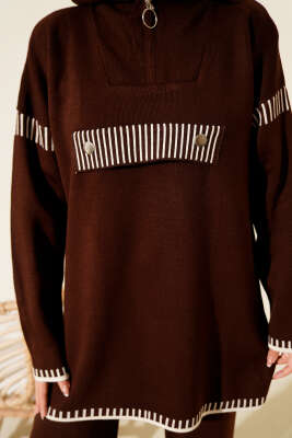 Yarım Fermuarlı Şerit Detaylı Triko İkili Takım Kahve - İkili Takım