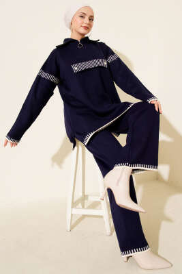 Yarım Fermuarlı Şerit Detaylı Triko İkili Takım Lacivert - SUDE NAZ