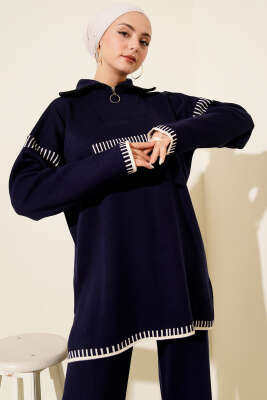 Yarım Fermuarlı Şerit Detaylı Triko İkili Takım Lacivert - İkili Takım