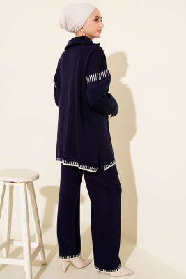 Yarım Fermuarlı Şerit Detaylı Triko İkili Takım Lacivert - İkili Takım