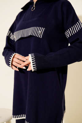 Yarım Fermuarlı Şerit Detaylı Triko İkili Takım Lacivert - İkili Takım