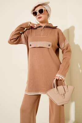 Yarım Fermuarlı Şerit Detaylı Triko İkili Takım Latte - İkili Takım