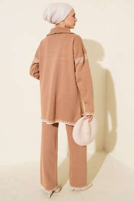 Yarım Fermuarlı Şerit Detaylı Triko İkili Takım Latte - İkili Takım