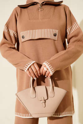 Yarım Fermuarlı Şerit Detaylı Triko İkili Takım Latte - İkili Takım