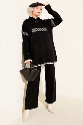 Yarım Fermuarlı Şerit Detaylı Triko İkili Takım Siyah - SUDE NAZ