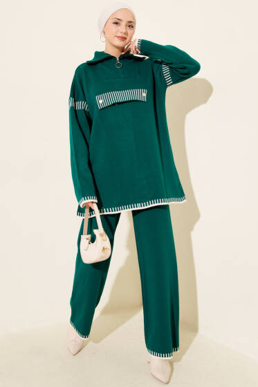 Yarım Fermuarlı Şerit Detaylı Triko İkili Takım Zümrüt - İkili Takım