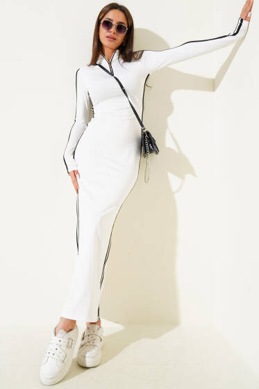Yarım Fermuarlı Şeritli Yırtmaçlı Elbise Beyaz - Yeni Giyim